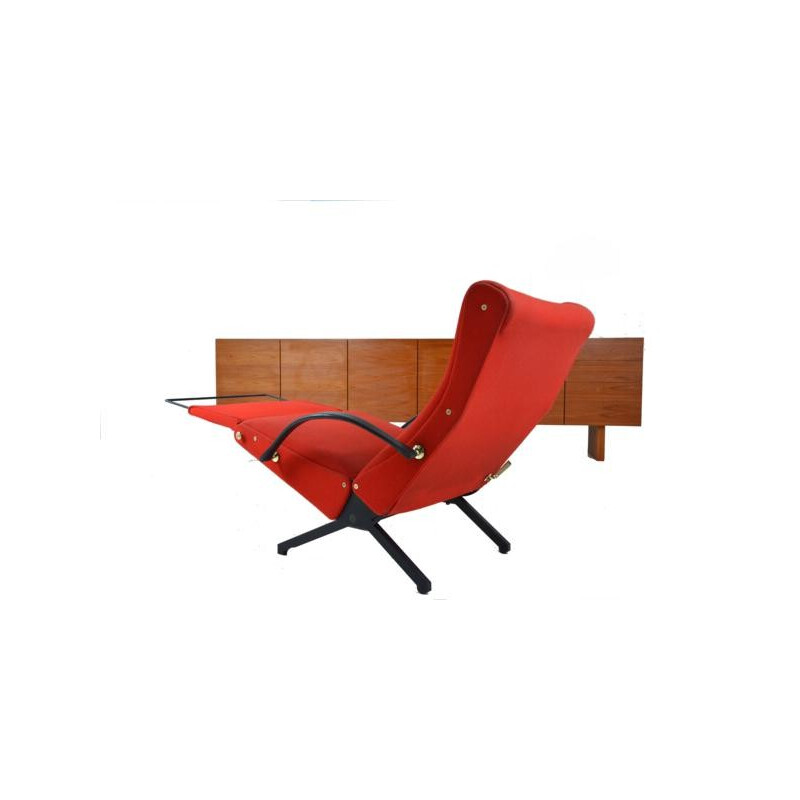 P40 armchair in metal and brass with red fabric by Osvaldo Borsani for Tecno - 1960s