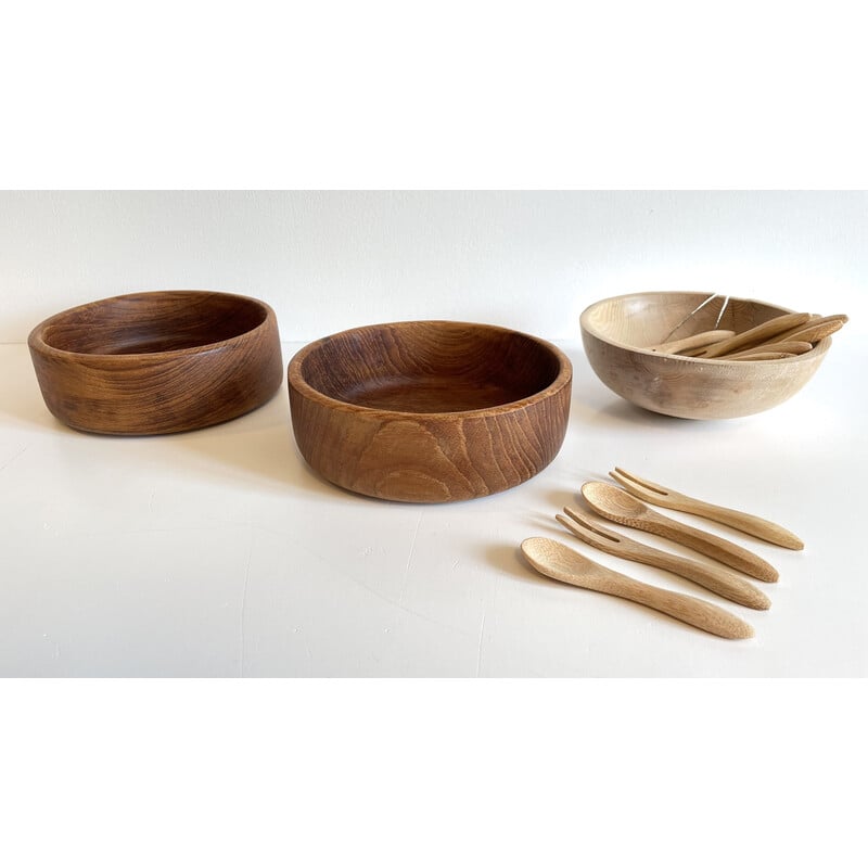 Set of vintage wooden 3 bowls and 12 cutlery