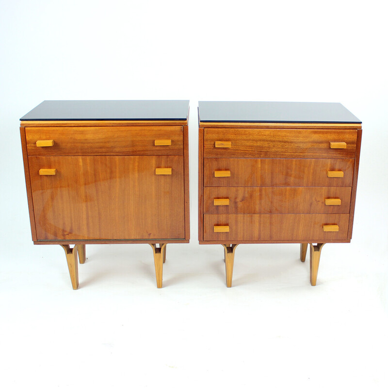 Pair of vintage mahogany and black glass night stands by Novy Domov, Czechoslovakia 1960