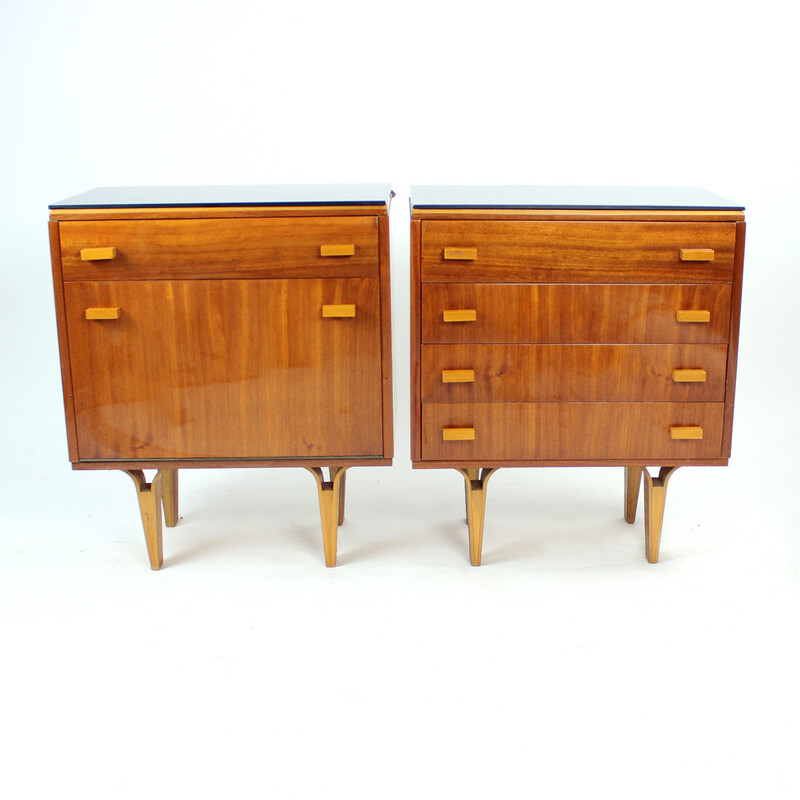 Pair of vintage mahogany and black glass night stands by Novy Domov, Czechoslovakia 1960