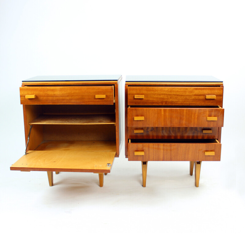 Pair of vintage mahogany and black glass night stands by Novy Domov, Czechoslovakia 1960