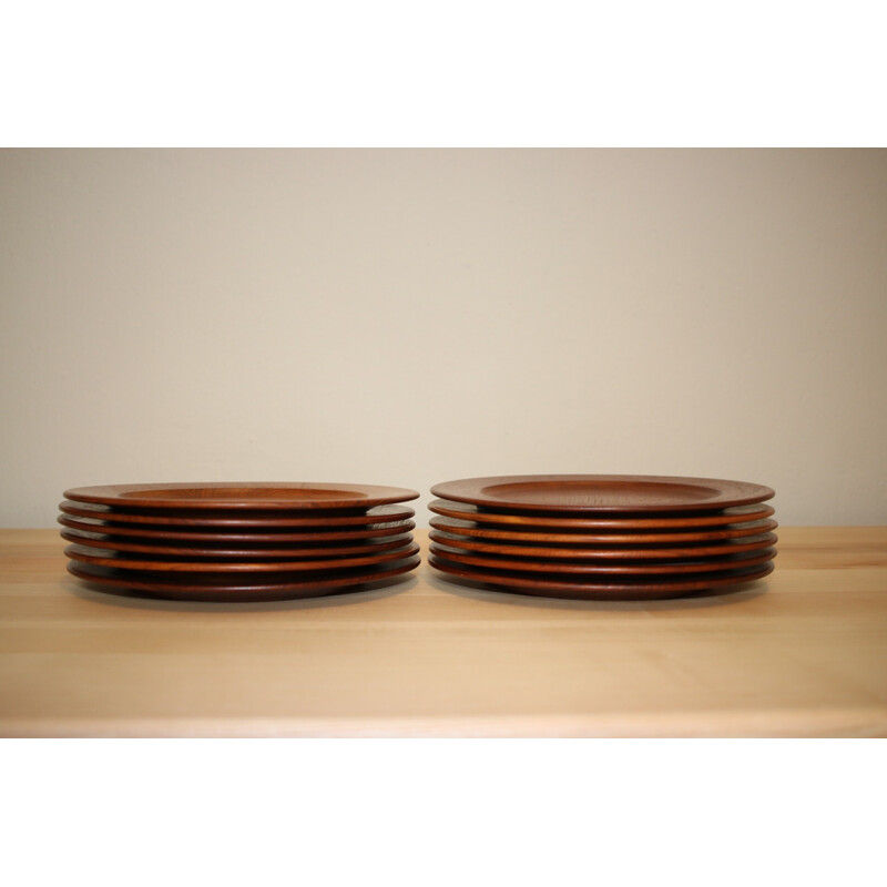 Set of 12 vintage solid teak plates by Wiggers, Denmark 1960s