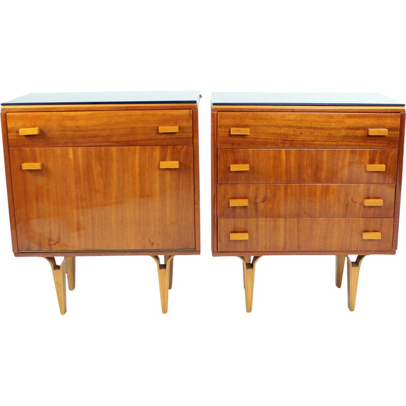 Pair of vintage mahogany and black glass night stands by Novy Domov, Czechoslovakia 1960