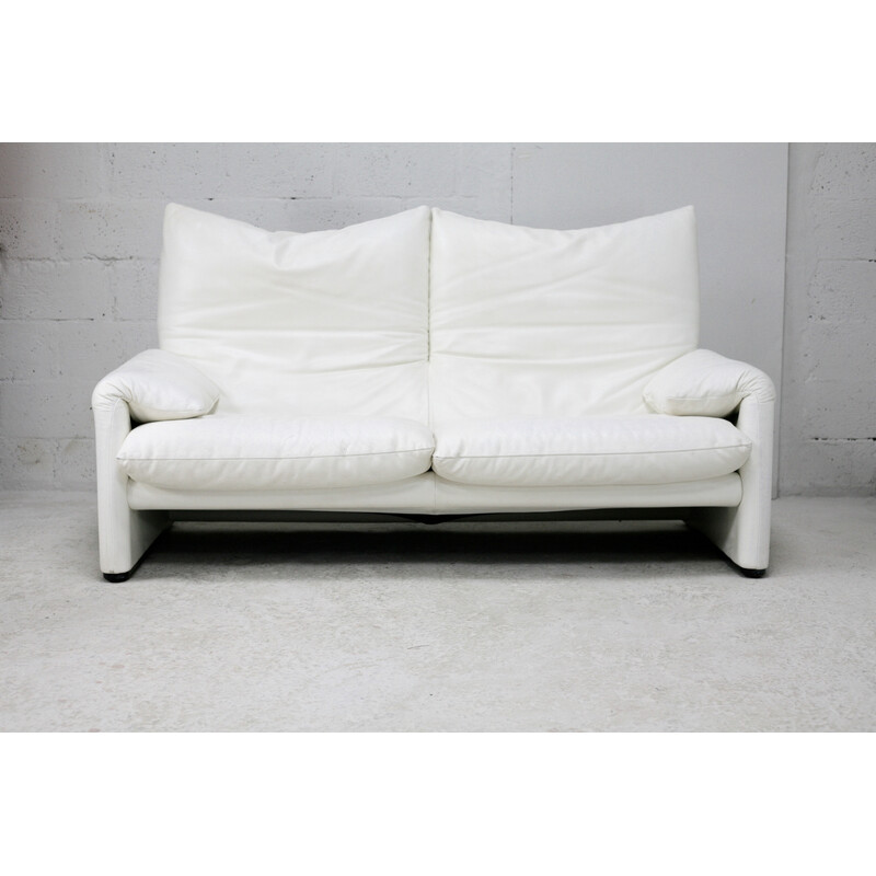 Vintage Maralunga white leather sofa by Vico Magistretti for Cassina, Italy 1970