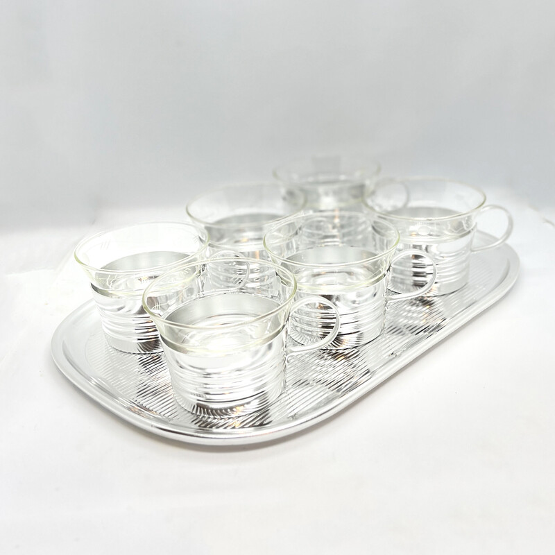 Set of 6 vintage tea glasses with tray by Veb Raum-Und Tafelschmuck Lipzig, 1970s
