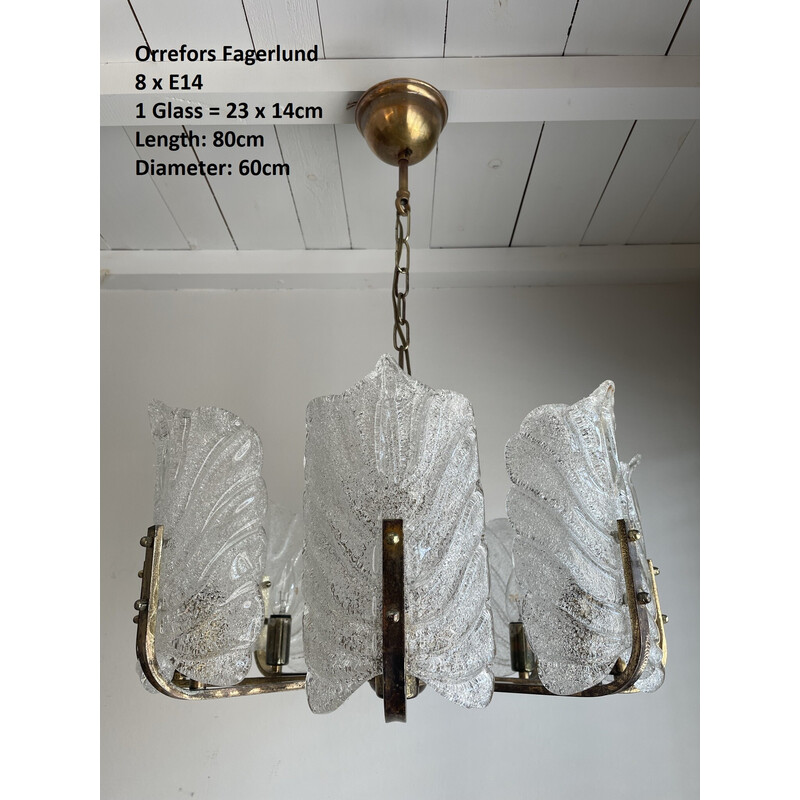 Vintage brass and glass chandelier by Carl Fagerlund for Orrefors, Sweden 1960s