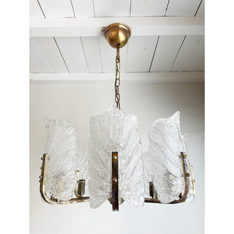 Vintage brass and glass chandelier by Carl Fagerlund for Orrefors, Sweden 1960s