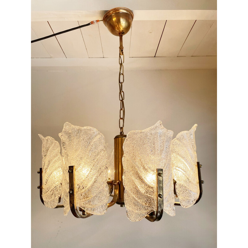 Vintage brass and glass chandelier by Carl Fagerlund for Orrefors, Sweden 1960s