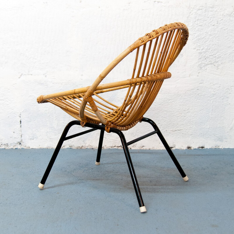 Black rattan and metal shell armchair - 1960s