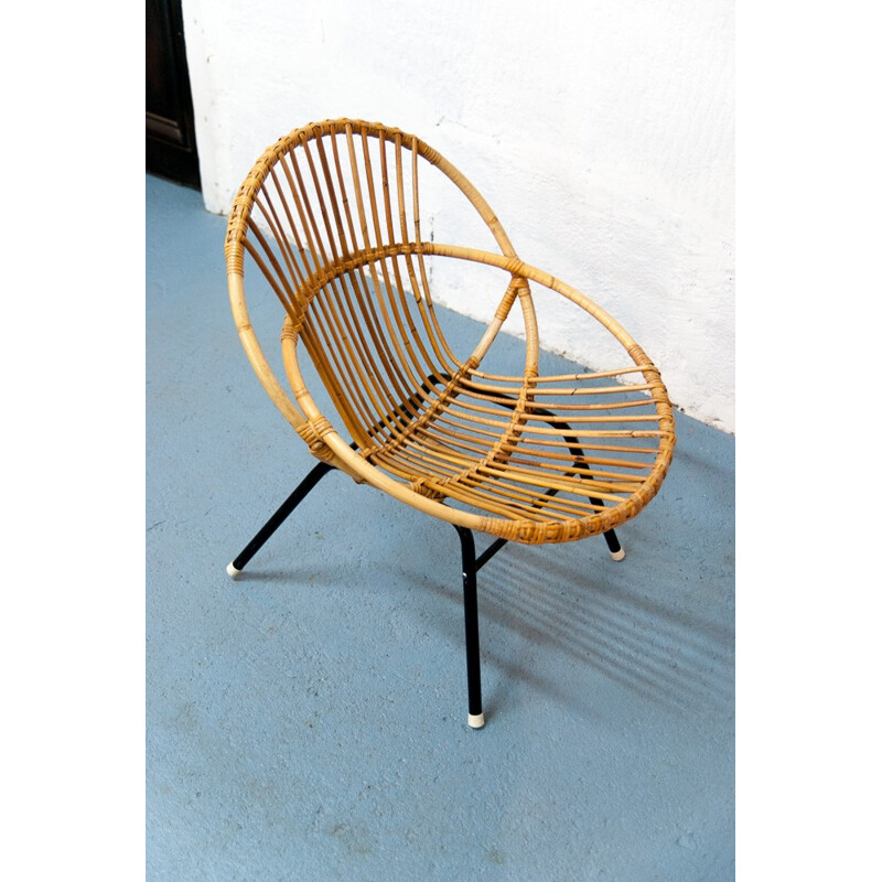 Black rattan and metal shell armchair - 1960s