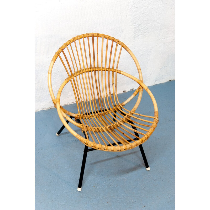 Black rattan and metal shell armchair - 1960s