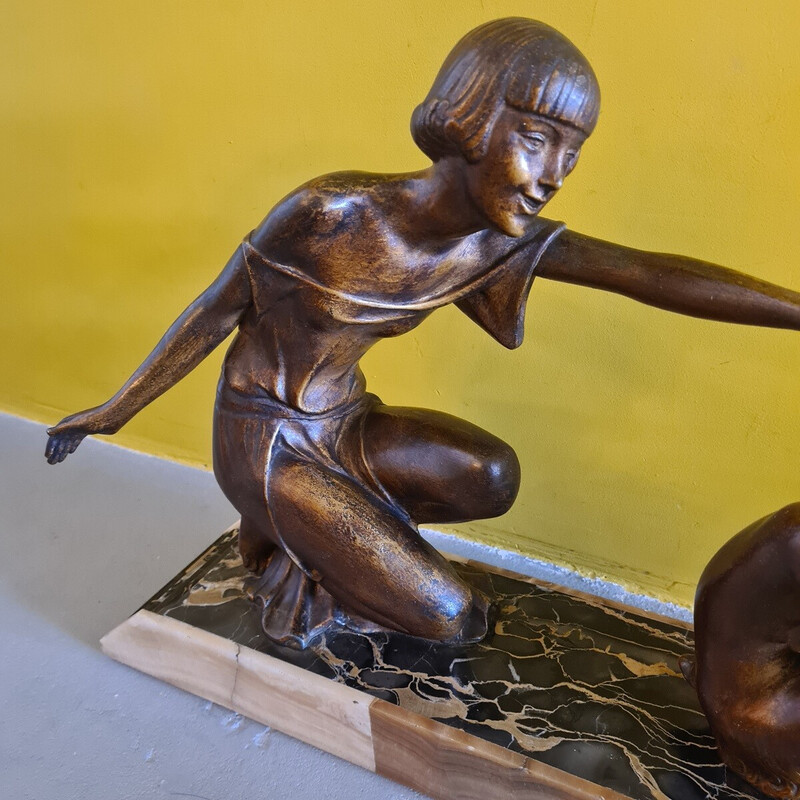 Art Deco vintage statue of a lady with faun by P. Sega, 1920-1930s