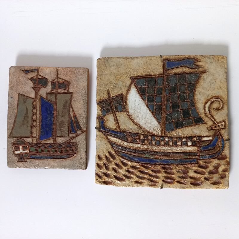 Pair of vintage ceramic bas-reliefs by Les Argonautes, 1960