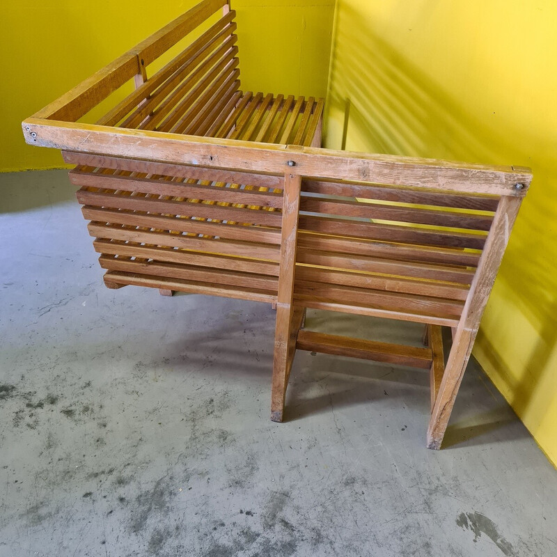 Vintage French beech wooden corner bench