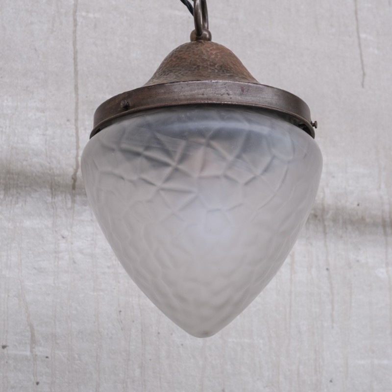 Vintage metal and opaque glass pendant lamp, France 1930