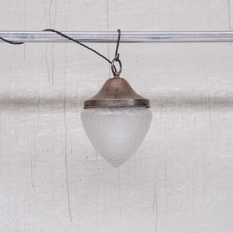 Vintage metal and opaque glass pendant lamp, France 1930