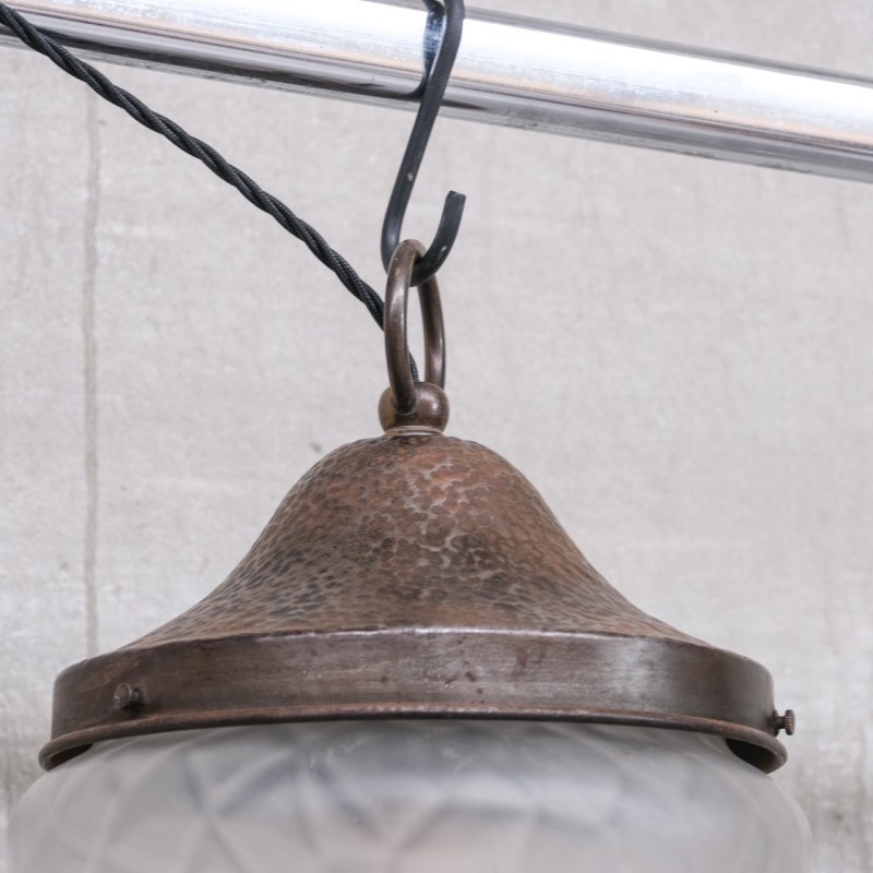 Vintage metal and opaque glass pendant lamp, France 1930