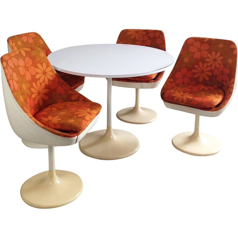 Mid century dining set with 4 orange and white fibre glass chairs with floral pattern upholstery - 1970s