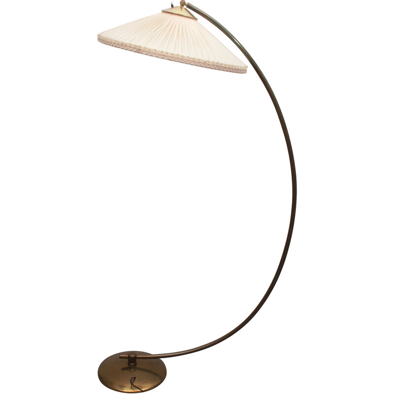 Lampada da terra vintage in ottone con paralume pliseé, anni '50