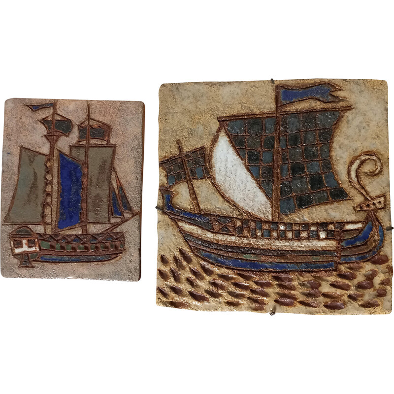 Pair of vintage ceramic bas-reliefs by Les Argonautes, 1960