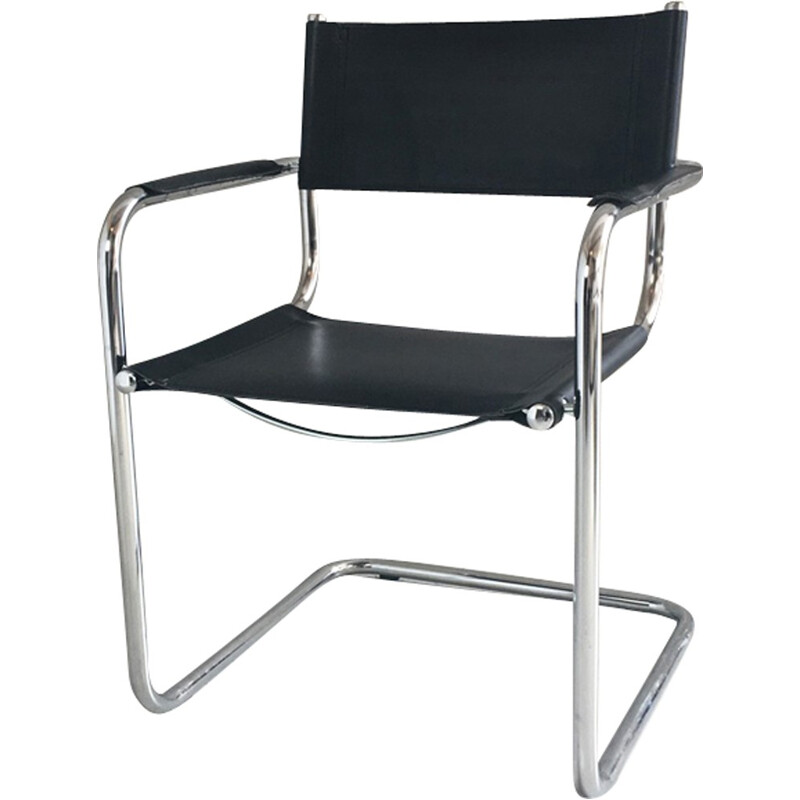 Chaise en cuir italienne Bauhaus avec châssis chromé tubulaire - 1970