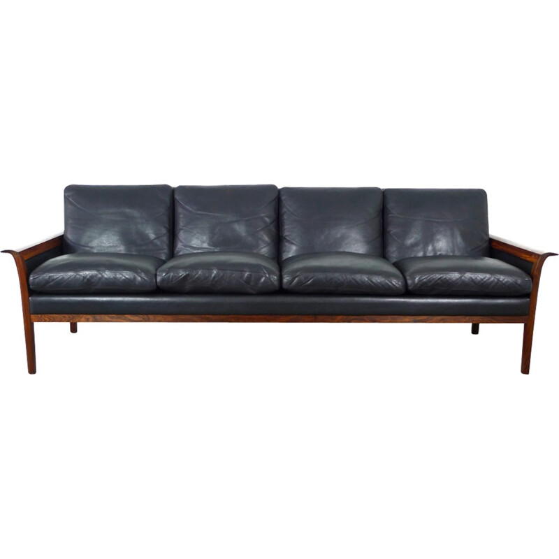 4-seater black leather and rosewood sofa by Hans Olsen for Vatne Mobler - 1960s