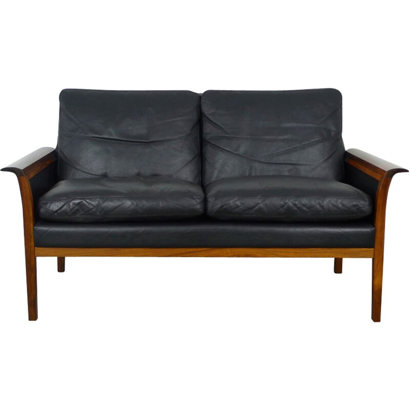 Two-seater black leather and rosewood sofa by Hans Olsen for Vatne Mobler - 1960s