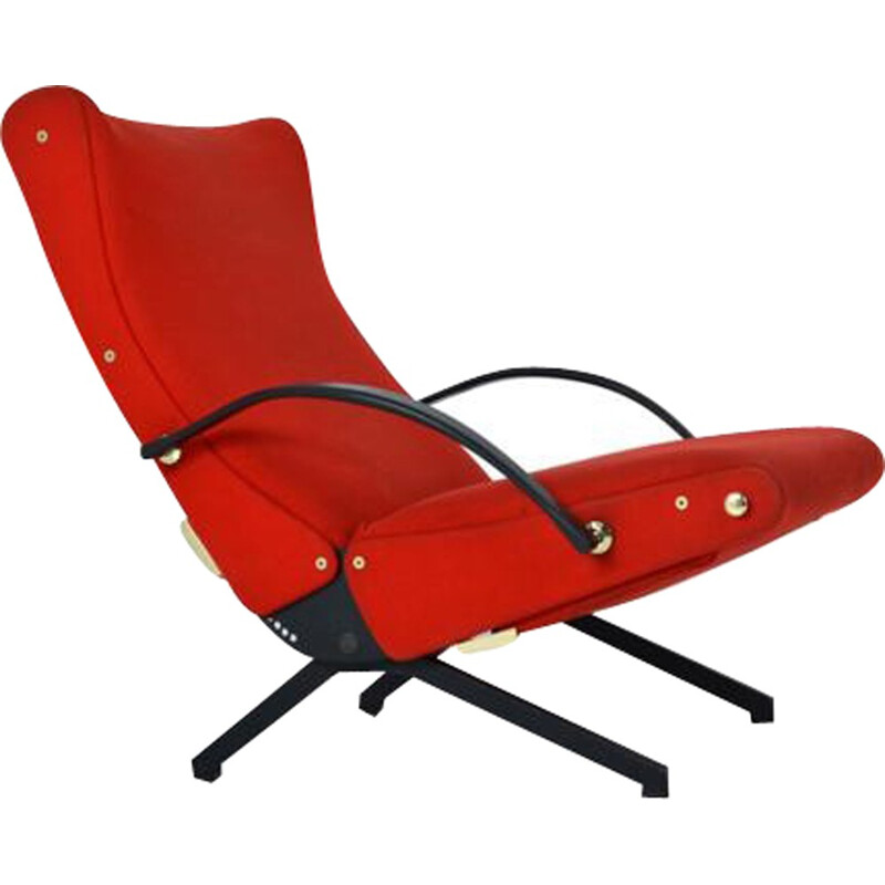 P40 armchair in metal and brass with red fabric by Osvaldo Borsani for Tecno - 1960s