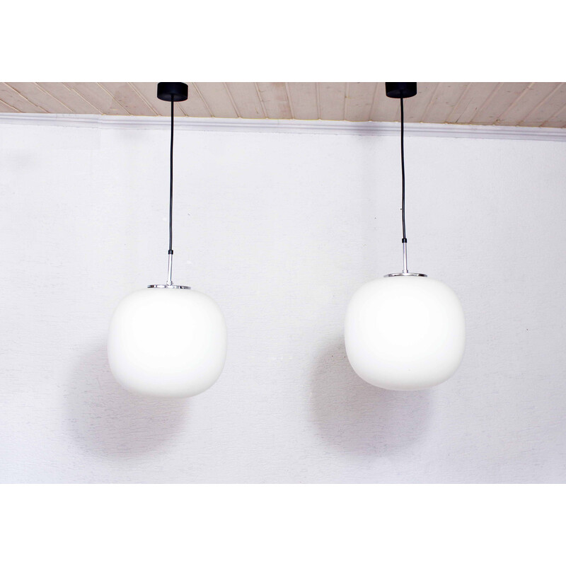 Pair of vintage opal glass and metal pendant lamps by Glashütte Limburg, 1970