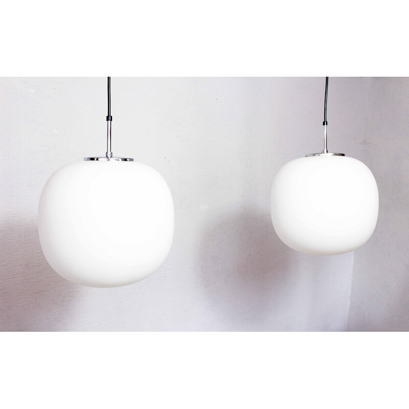 Pair of vintage opal glass and metal pendant lamps by Glashütte Limburg, 1970