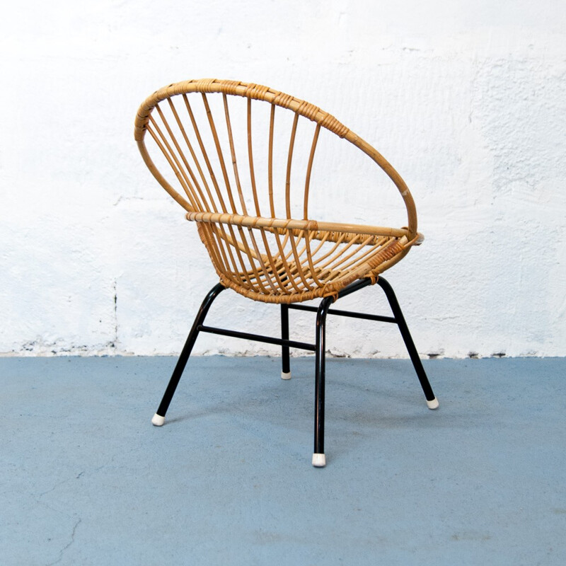 Vintage black rattan and metal shell armchair - 1960s