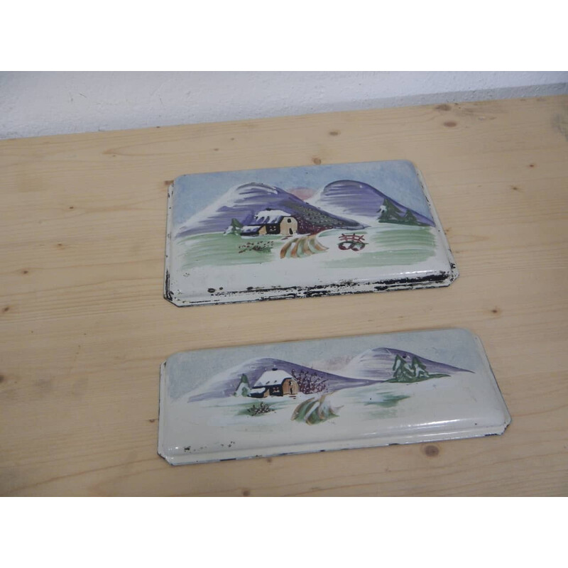 Pair of vintage iron plates with painted landscape
