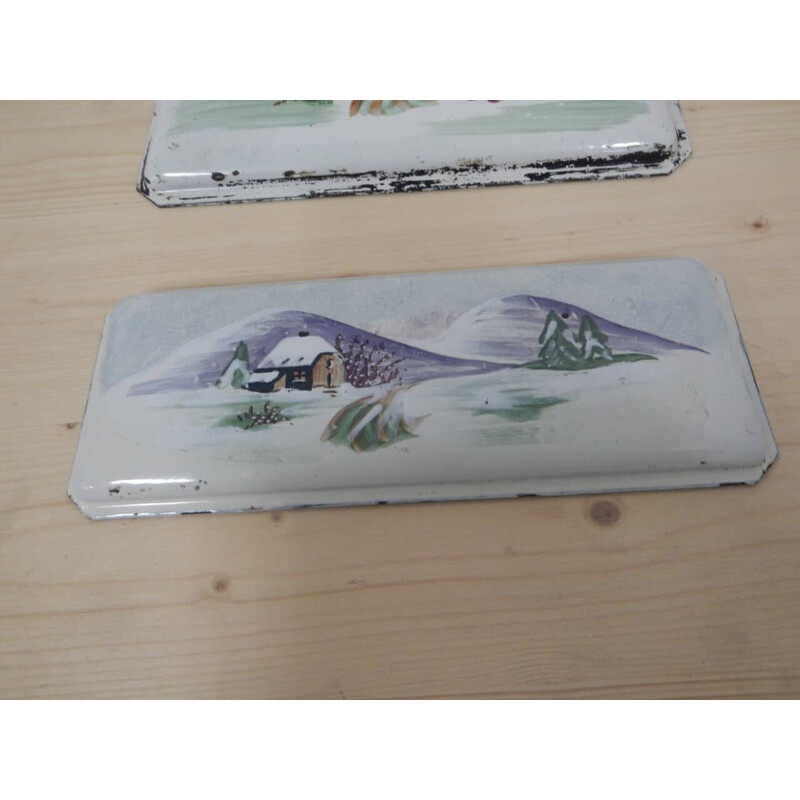 Pair of vintage iron plates with painted landscape