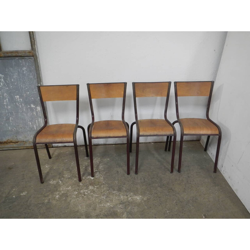 Set of 4 vintage iron school chairs by Mullca, France