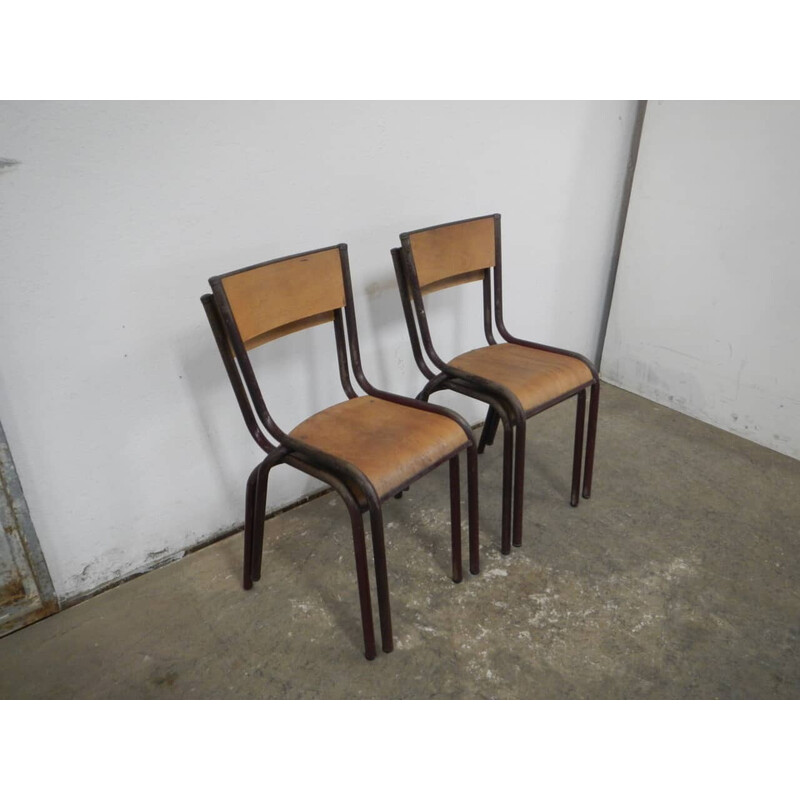 Set of 4 vintage iron school chairs by Mullca, France