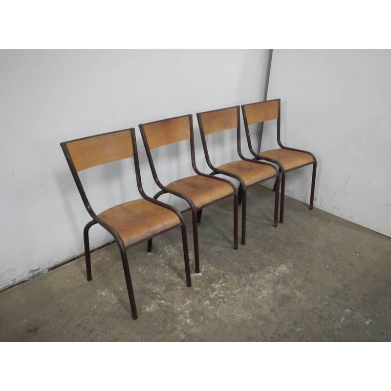 Set of 4 vintage iron school chairs by Mullca, France