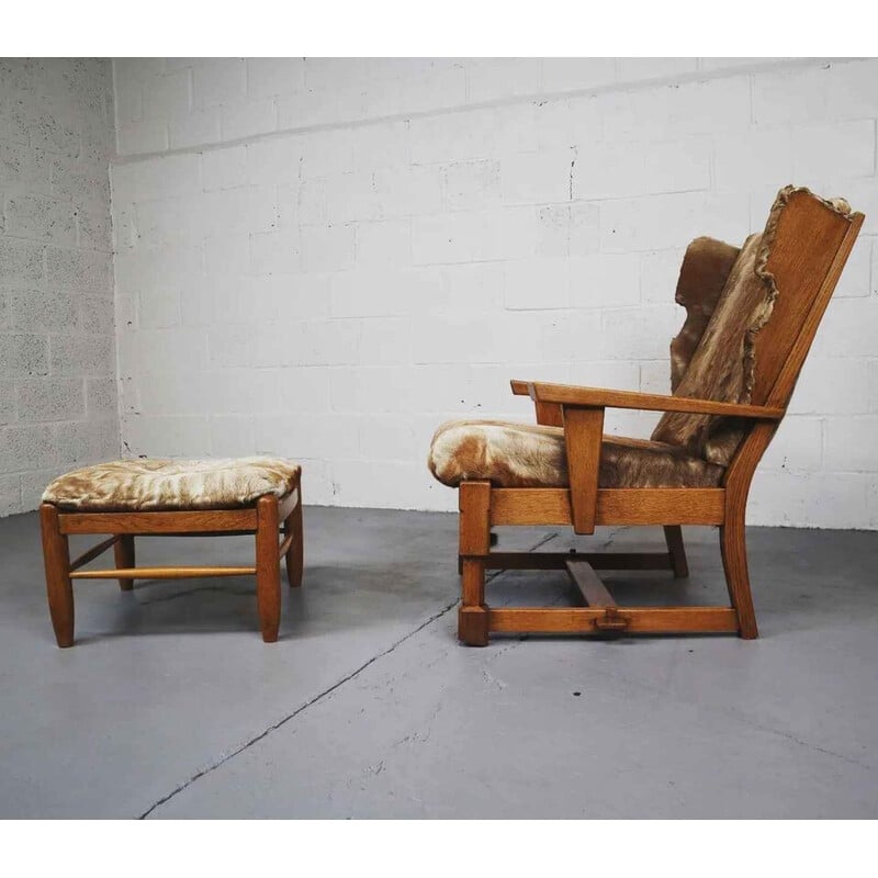 Vintage brutalist oakwood lounge chair and ottoman with goat leather upholstery