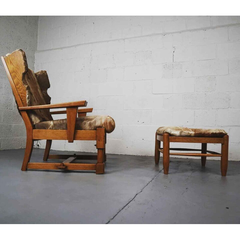 Vintage brutalist oakwood lounge chair and ottoman with goat leather upholstery