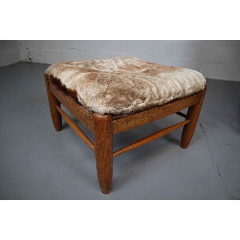 Fauteuil lounge et ottoman vintage brutaliste en bois de chêne avec revêtement en cuir de chèvre