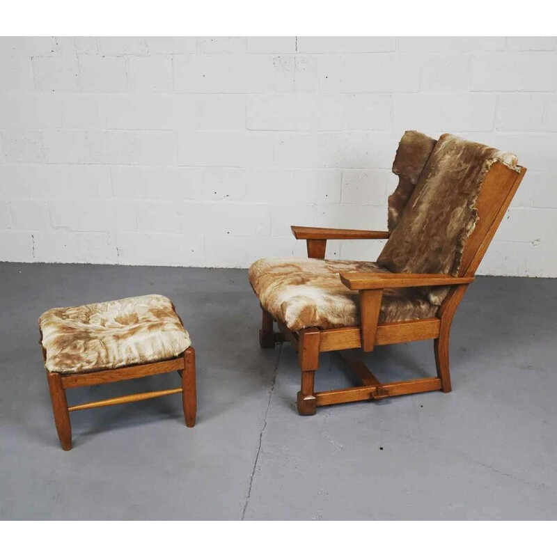 Vintage brutalist oakwood lounge chair and ottoman with goat leather upholstery