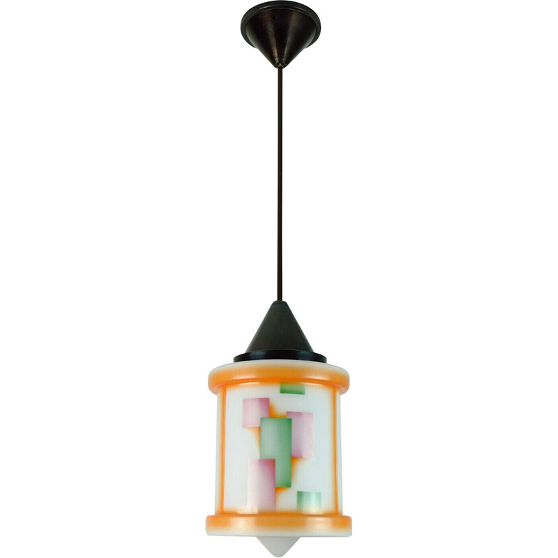 Lampada a sospensione in vetro art déco d'epoca con aerografo, 1920-1930