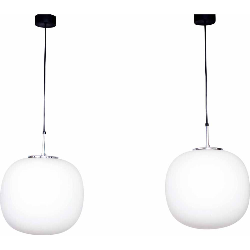 Pair of vintage opal glass and metal pendant lamps by Glashütte Limburg, 1970