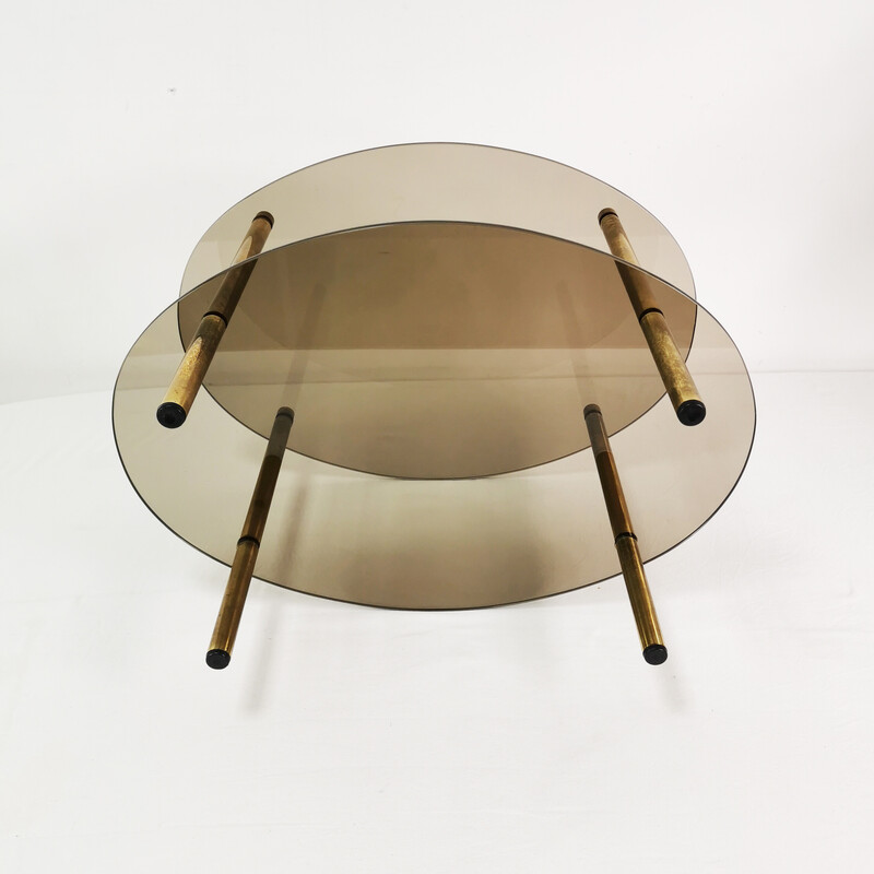 Vintage minimalist oval coffee table in brass and glass, Germany 1960