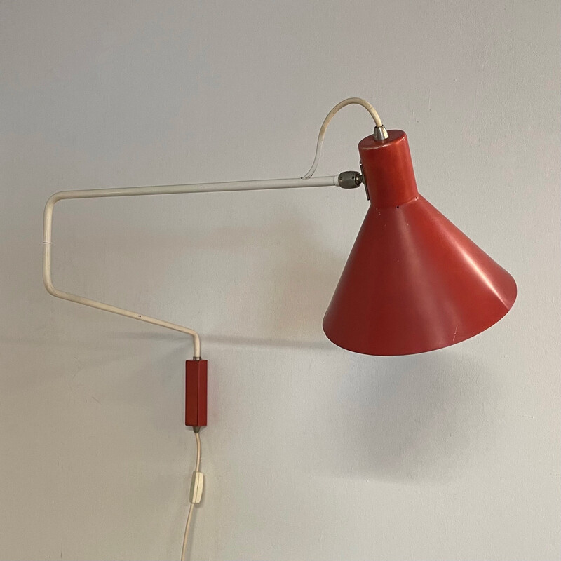 Vintage rode Elbow wandlamp van J. Hoogervorst voor Anvia, 1950
