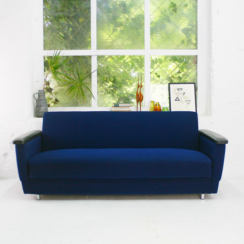 Two-seater sofa bed in bright royal blue - 1960s