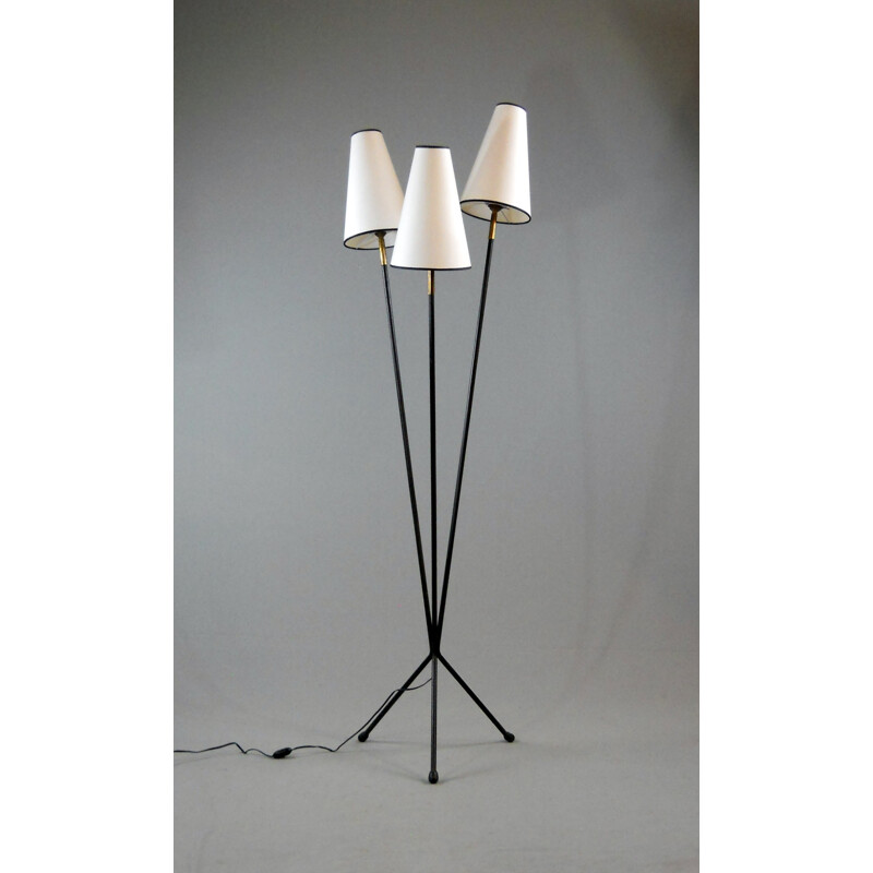 Mid century French 3 black lacquered steel arms floor lamp - 1950s