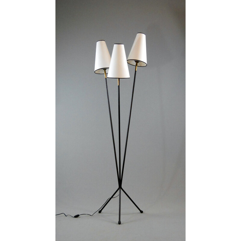 Mid century French 3 black lacquered steel arms floor lamp - 1950s