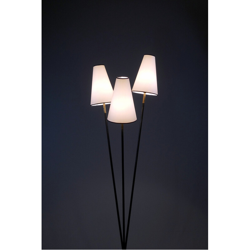 Lampadaire français vintage à 3 bras en acier laqué noir - 1950