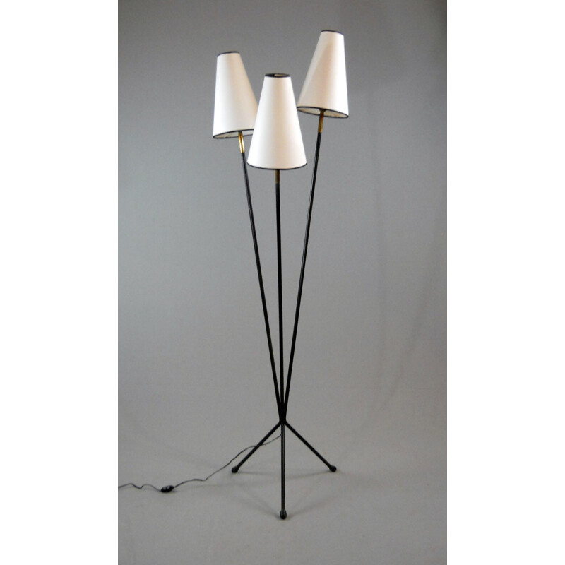 Mid century French 3 black lacquered steel arms floor lamp - 1950s