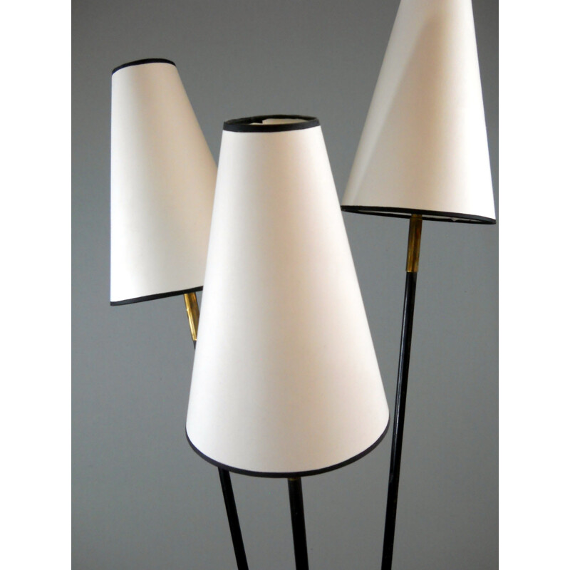 Lampadaire français vintage à 3 bras en acier laqué noir - 1950